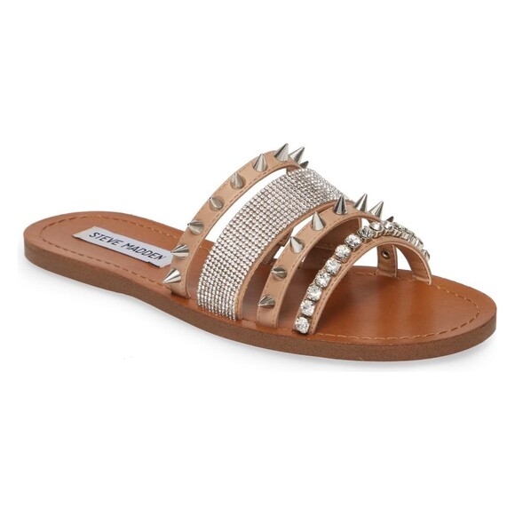 Steve Madden Lindy Natural Rhinestones Spikes Multi Strap Flat Slide Sandals 8.5 - Picture 1 of 4